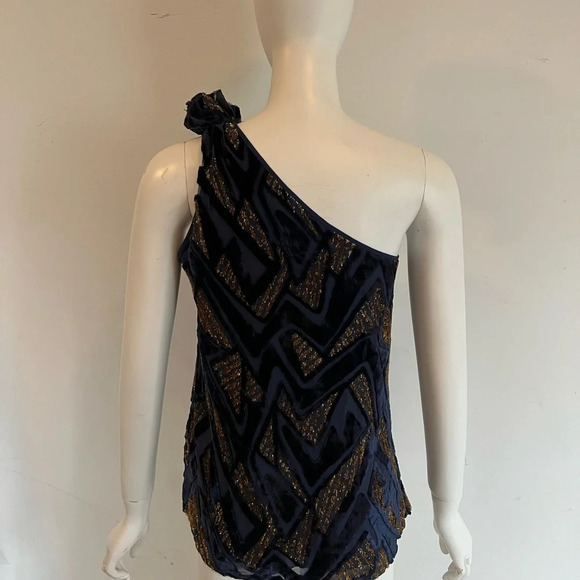Yumi Kim XS Top Gold Blue Silk Blend Geometric Print One Shoulder Blouse - Picture 3 of 7